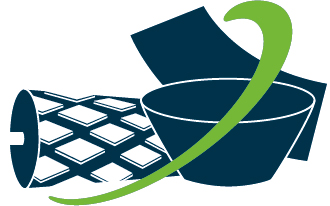 Grafik: Walze mit Rautenprofil, Manschette und Halbzeug als Symbol in dunkelblau und grüner Bogen